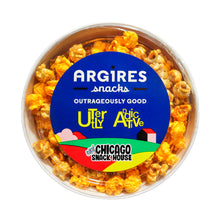 Load image into Gallery viewer, Argires Popcorn Chicago Mix 1 Gallon Chicago Skyline Popcorn Tin. Chicago Snacks.  Utterly Addictive Cheddarcorn and Caramel. Chicago Mix Popcorn.