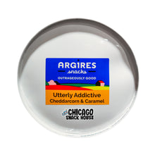 Load image into Gallery viewer, Argires Popcorn Chicago Mix 1 Gallon Chicago Skyline Popcorn Tin. Chicago Snacks.  Utterly Addictive Cheddarcorn and Caramel. Chicago Mix Popcorn.