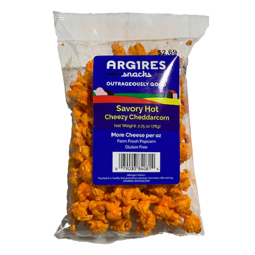 Argires Chicago Popcorn Savory Hot Cheezy Cheddarcorn. 2.75 oz. Bag