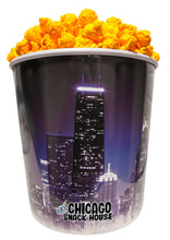 Load image into Gallery viewer, Argires Popcorn 1 Gallon Chicago Skyline Popcorn Tin. Outrageously Cheesy Cheddarcorn.  Chicago Snacks.