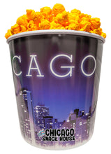 Load image into Gallery viewer, Argires Popcorn 1 Gallon Chicago Skyline Popcorn Tin. Outrageously Cheesy Cheddarcorn.  Chicago Snacks.