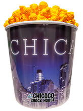 Load image into Gallery viewer, Argires Popcorn 1 Gallon Chicago Skyline Popcorn Tin. Outrageously Cheesy Cheddarcorn.  Chicago Snacks.