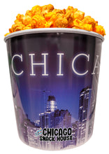 Load image into Gallery viewer, Argires Popcorn Chicago Mix 1 Gallon Chicago Skyline Popcorn Tin. Chicago Snacks.  Utterly Addictive Cheddarcorn and Caramel. Chicago Mix Popcorn.