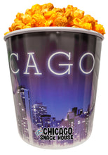 Load image into Gallery viewer, Argires Popcorn Chicago Mix 1 Gallon Chicago Skyline Popcorn Tin. Chicago Snacks.  Utterly Addictive Cheddarcorn and Caramel. Chicago Mix Popcorn.