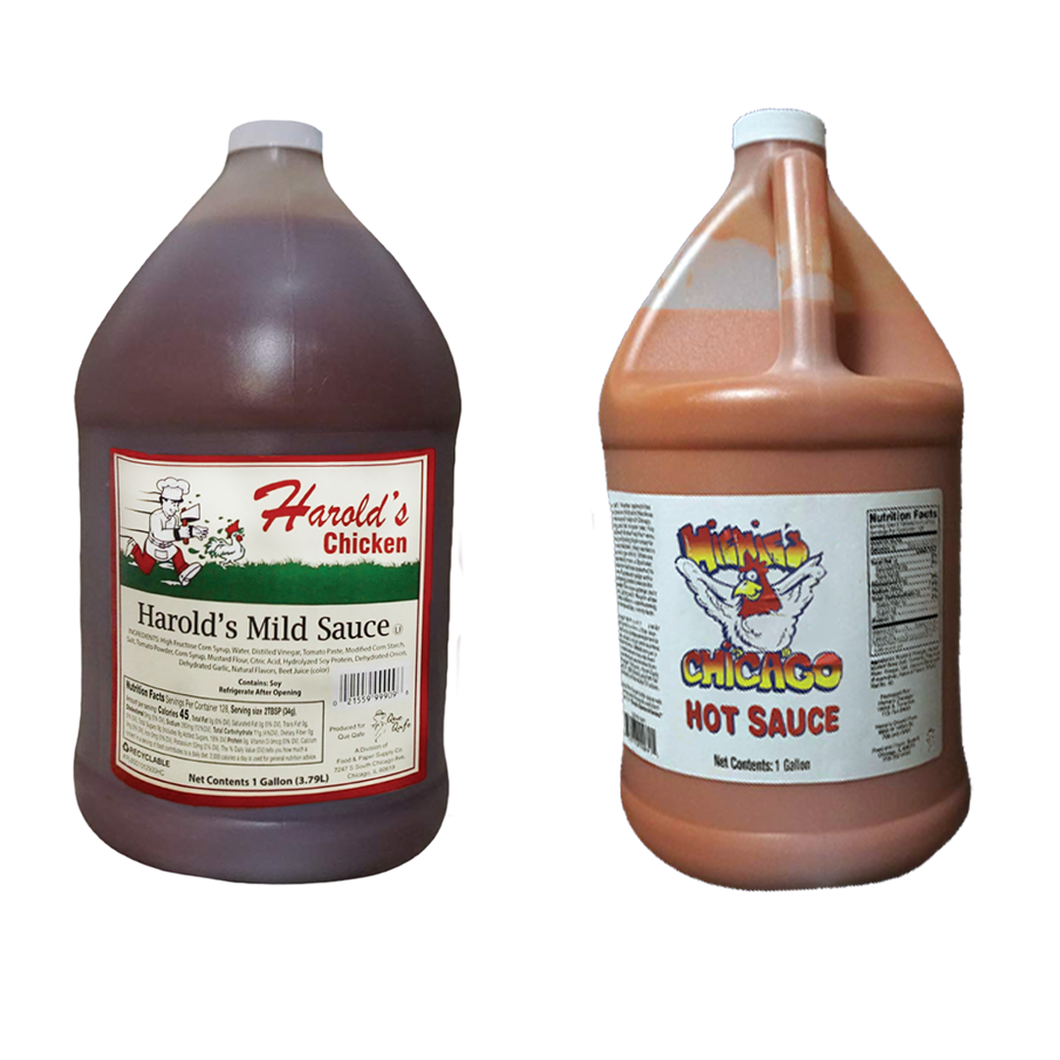 Chicago Sauce Mix Harold's Mild Sauce and Hienie's Hot Sauce Gallons